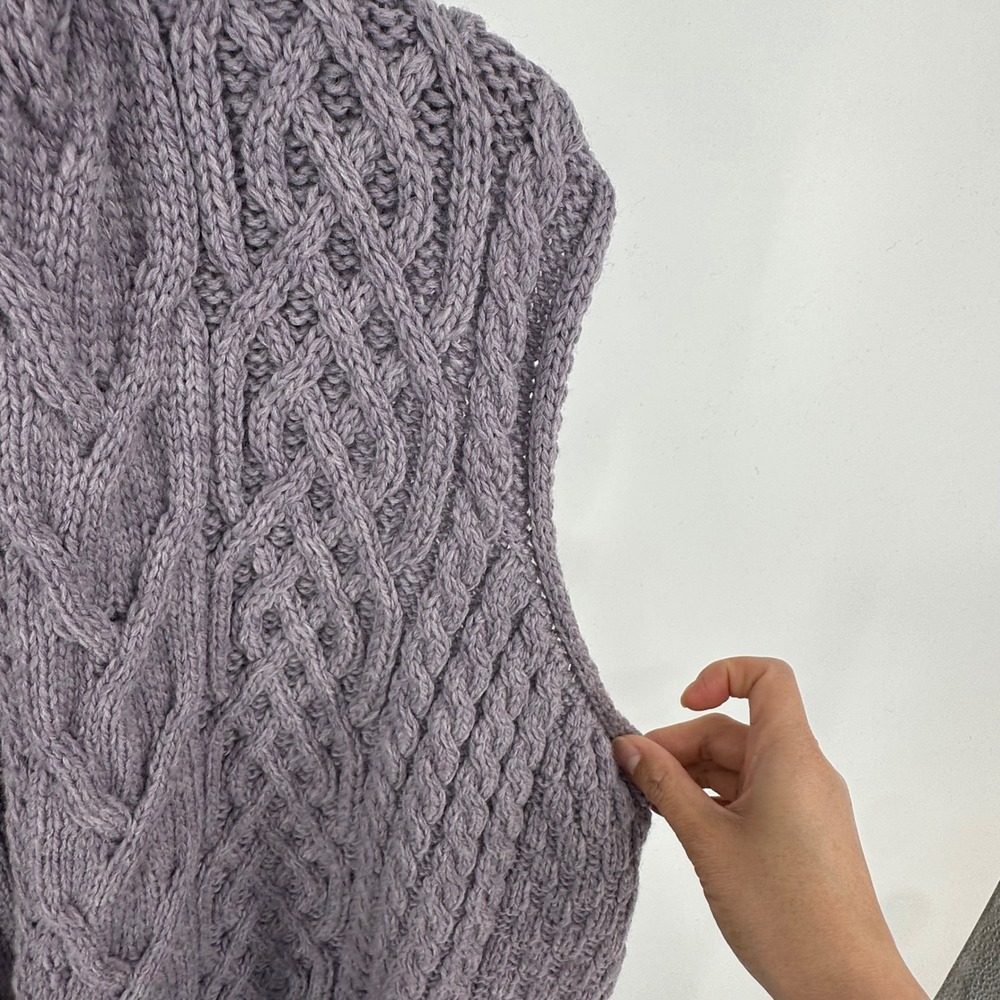 Kilronan Knitwear Merino Wool Cable Knit Vest Purple Ireland Made Shawl Collar - Picture 9 of 13
